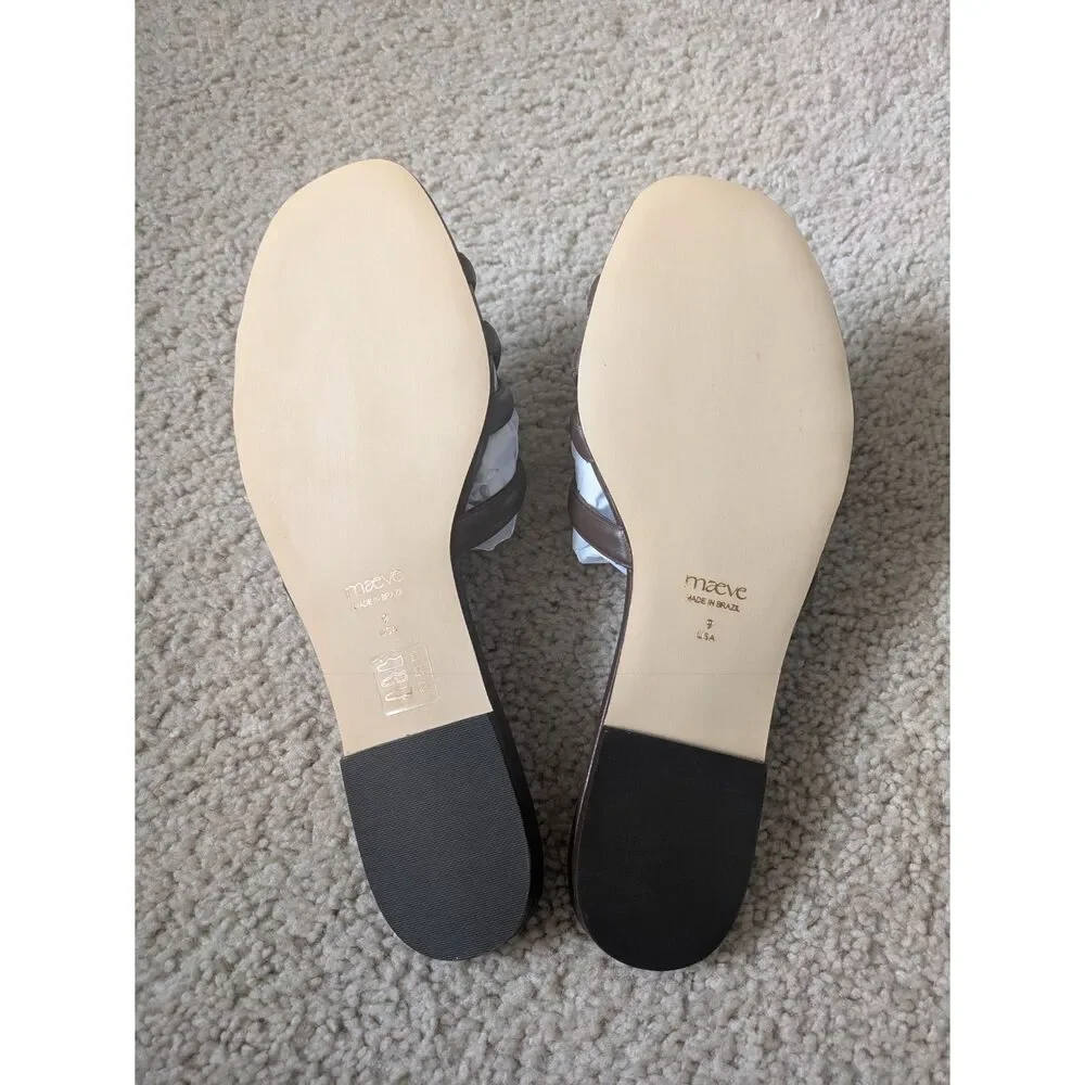 NIB Maeve Anthropologie Logo Dark Brown Leather Slide Sandals Sz 9 - Picture 7 of 10